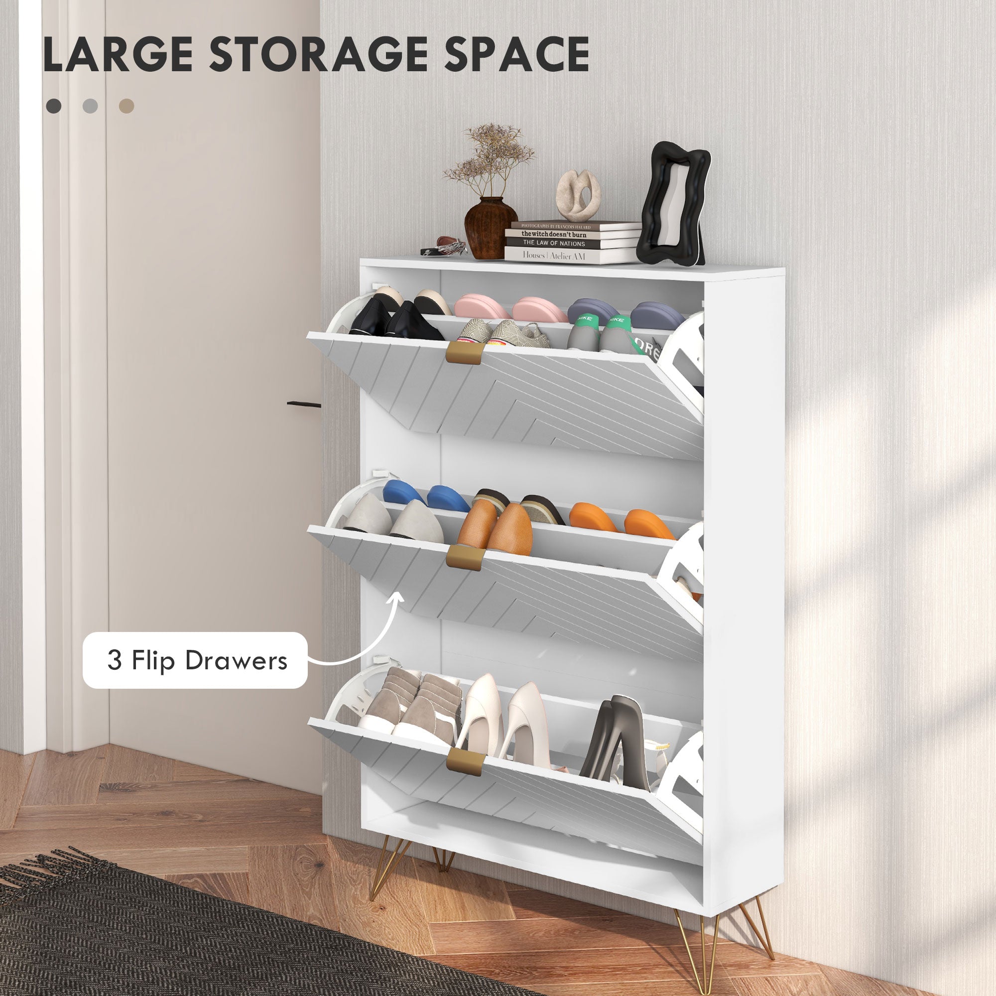 HOMCOM Shoe Sanctuary: Modern White Cabinet with 3 Flip Drawers, 8 Vents, Narrow Design for 18 Pairs, Entryway Organizer 
