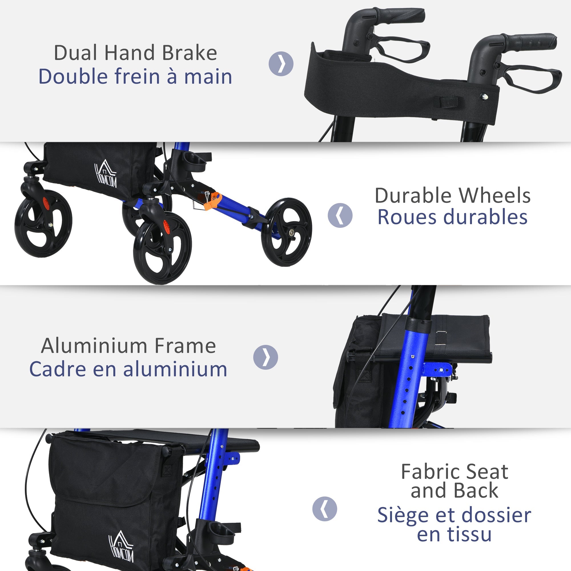 HOMCOM Rollator for Seniors with Seat, Back, Cane Holder, Aluminium Folding Rolling Walker with Adjustable Handle, Bag, Blue 