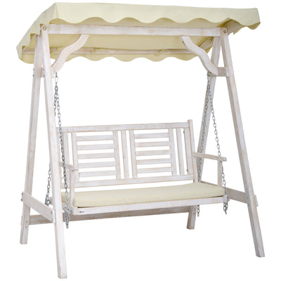 Outsunny Porch Perfection: 2-Seater Swing with Stand, Canopy, Cushion, Outdoor Wooden Swing Chair Bench 