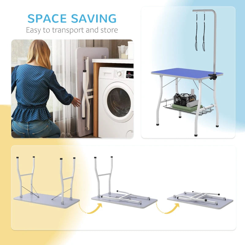 Dog Grooming Table w/ Adjustable Arm, Mesh Tray,  Two Nooses, Rubber Surface, 35" x 24" x 61", Blue