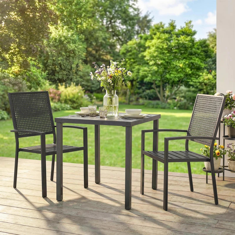 Stackable Patio Chairs Set of 2, Outdoor Dining Chairs with Faux Wicker Steel Mesh Back, Slatted Seat, Armrests, Black