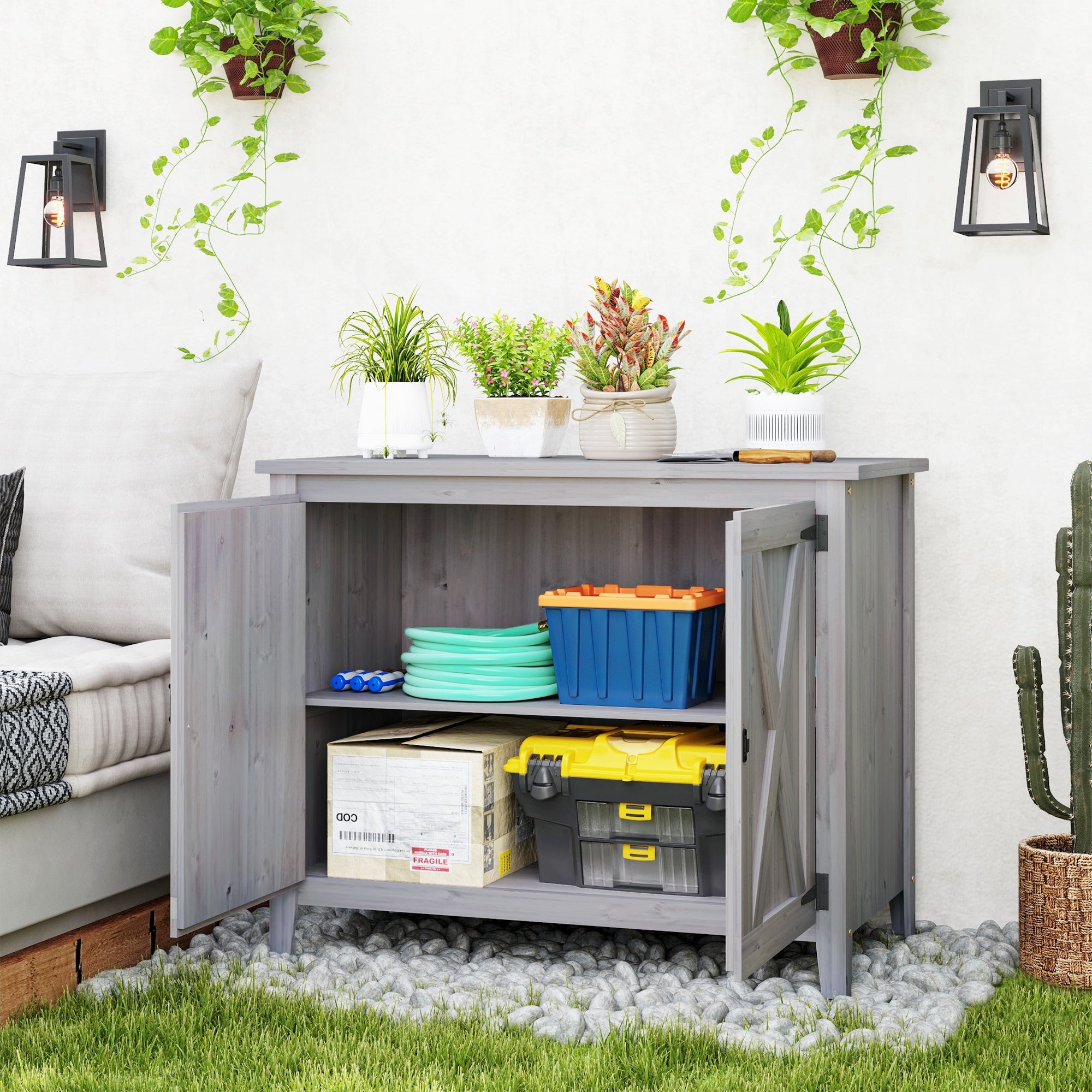 Outsunny Wooden Outdoor Storage Cabinet, Garden Shed Potting Shed with Shelf and Double Doors, Light Grey 