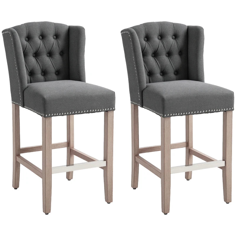 Counter Height Bar Stools Set of 2, Upholstered Bar Chairs with Nailhead Backrest and Footrest, Charcoal Grey