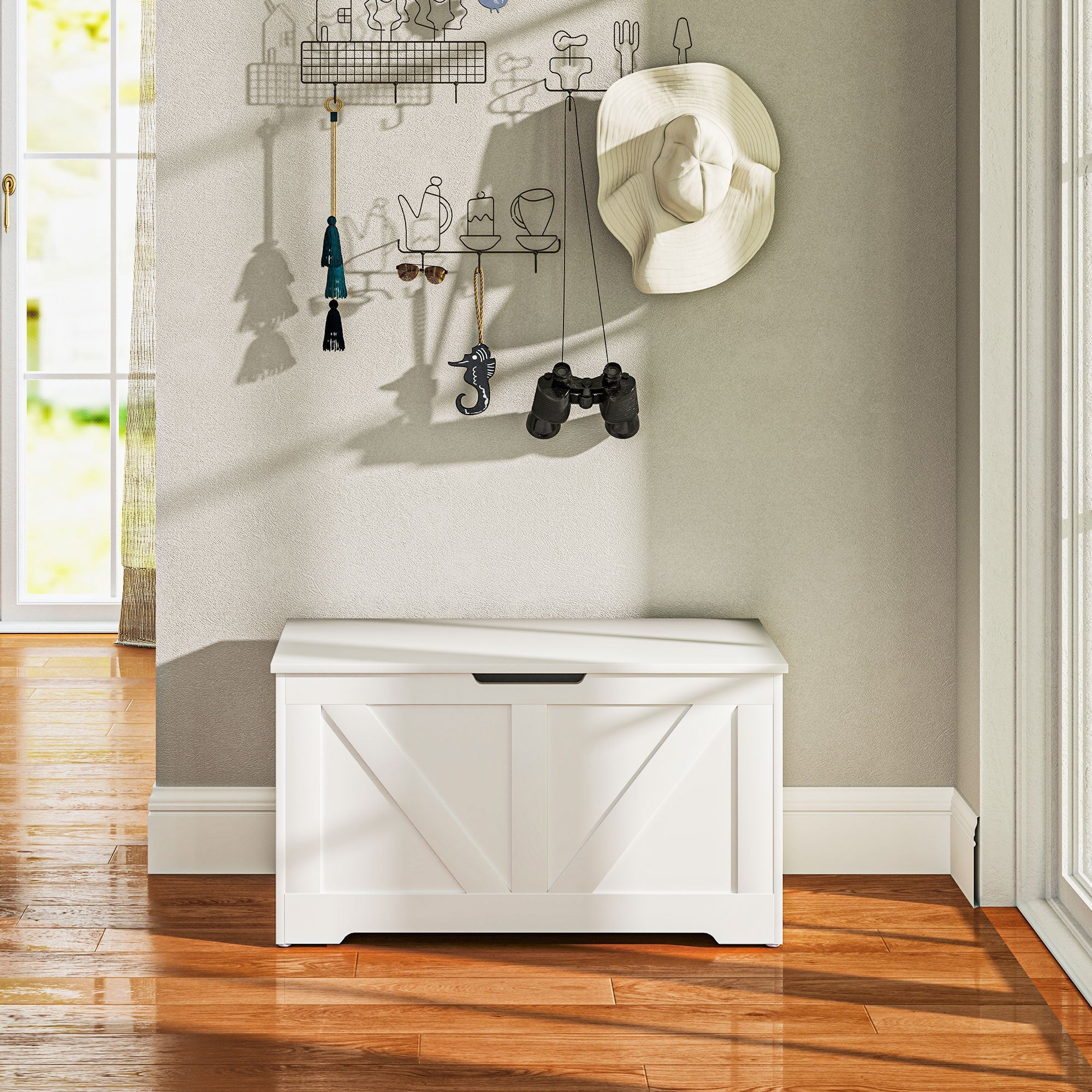 HOMCOM 31.5 Inches Storage Chest, Storage Trunk with 2 Safety Hinges, Wooden Toy Box for Living Room, White Wood Grain 