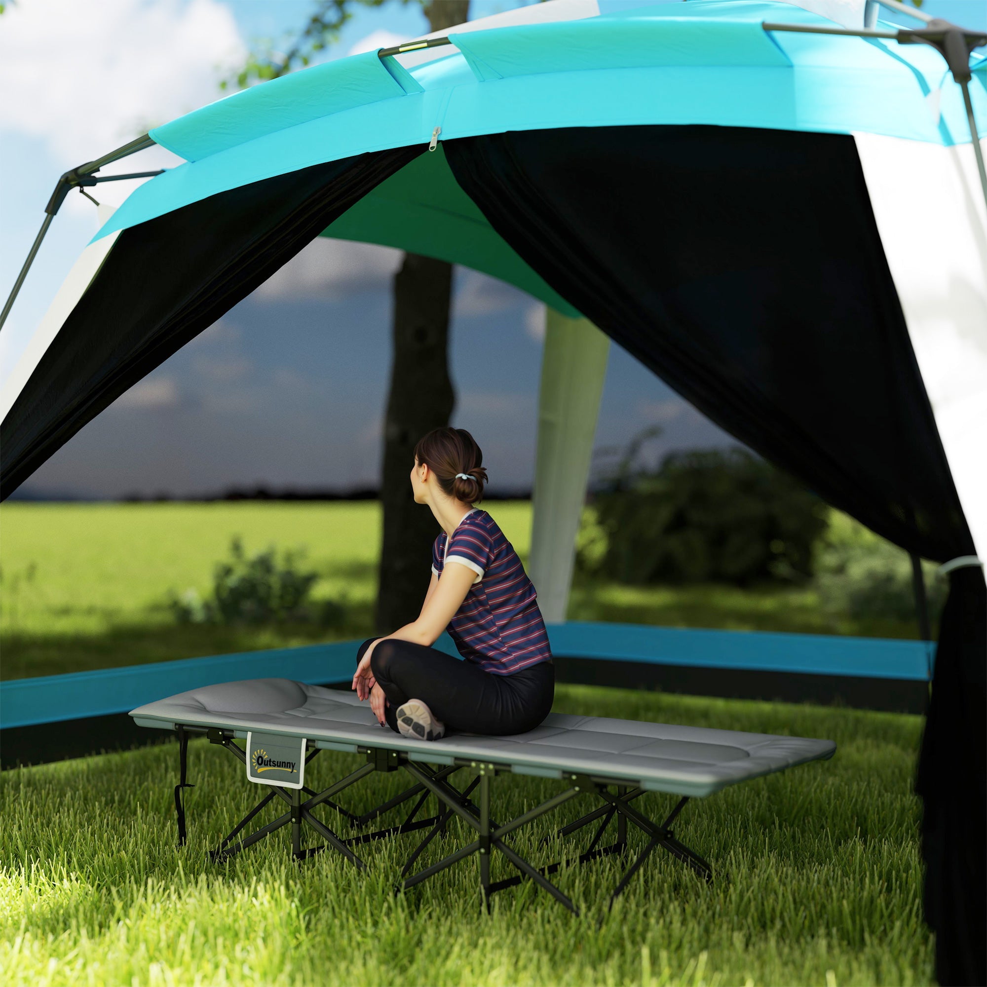 Outsunny 26.4" Wide Folding Bed, Camping Cot for Adults with Cushion, Storage Pocket, Max Load 330 LBS, Grey 