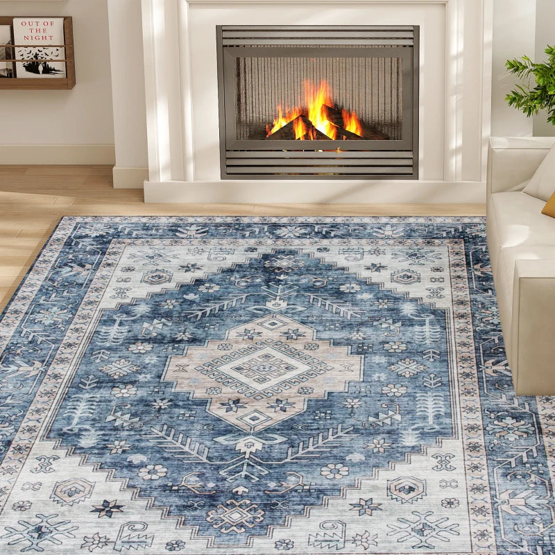 8x10 Area Rug, Vintage Machine Washable Rug, Non-Slip Floor Carpet for Living Room, Bedroom, Dining Room, Blue