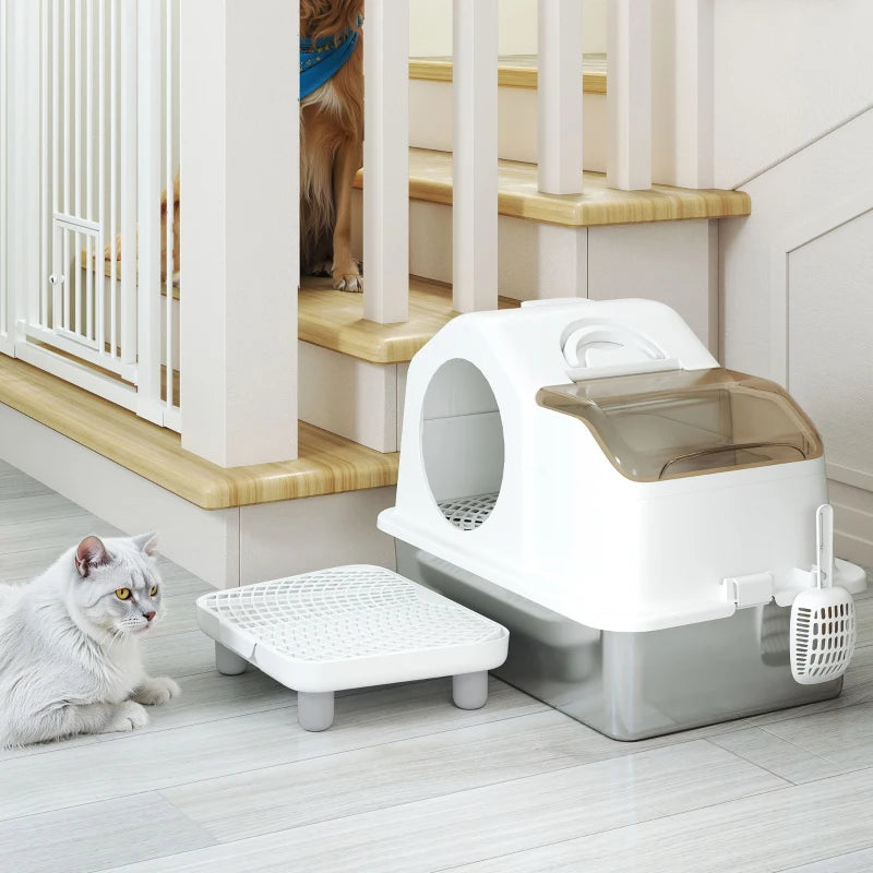 Extra Large Stainless Steel Cat Litter Box w/ High Sided, Removable Lid, Mats, Scoop, Odor Free, Non-Sticky, Leakproof