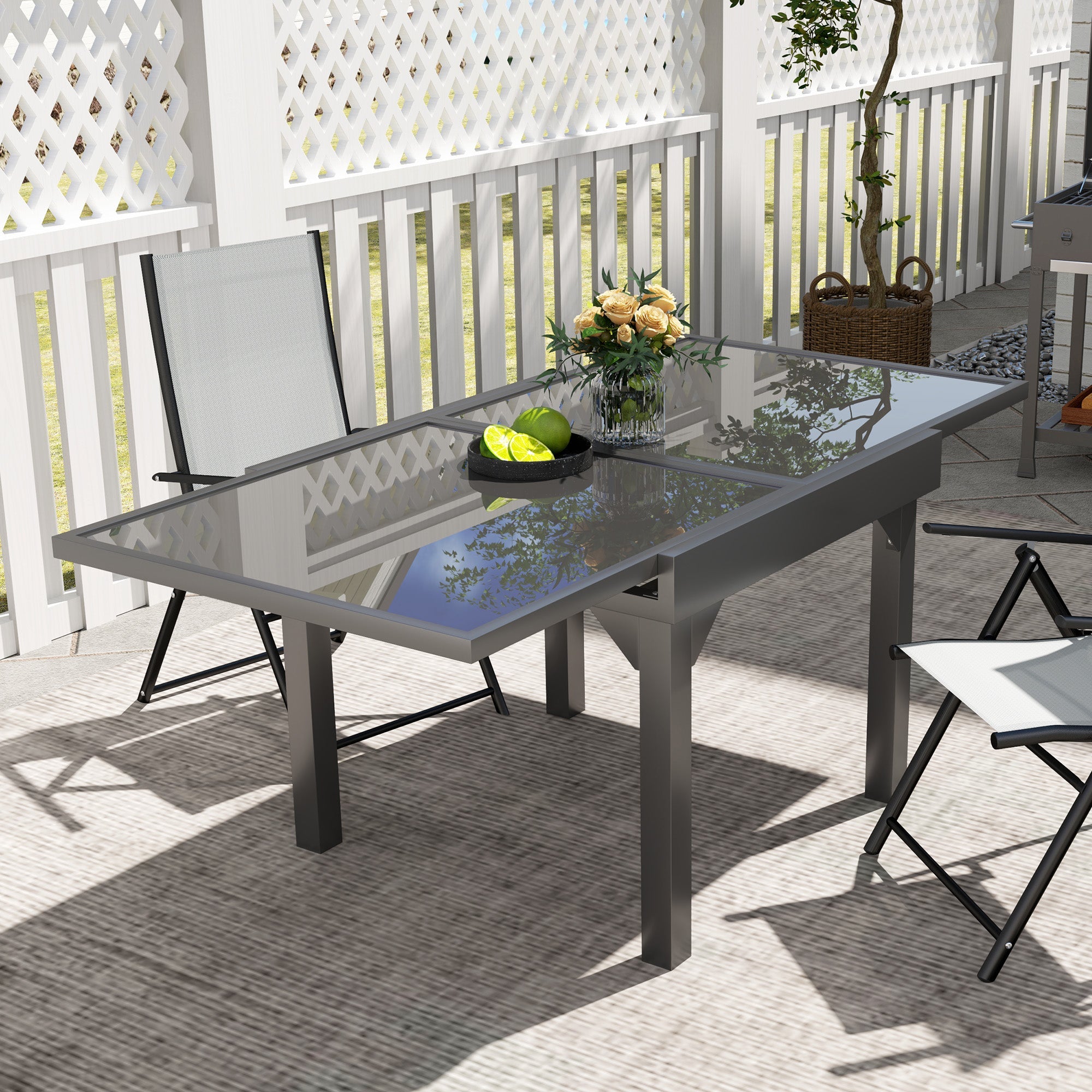 Outsunny 35"-71" Expandable Outdoor Table with Tempered Glass Top, Metal Frame, for 4-6 Person, for Lawn, Garden, Backyard 