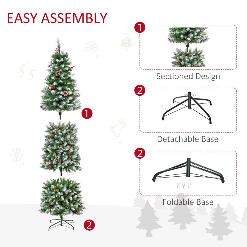 HOMCOM 7.5FT Prelit Snow Flocked Christmas Tree with Warm White LED Lights, Artificial Holiday Decoration 