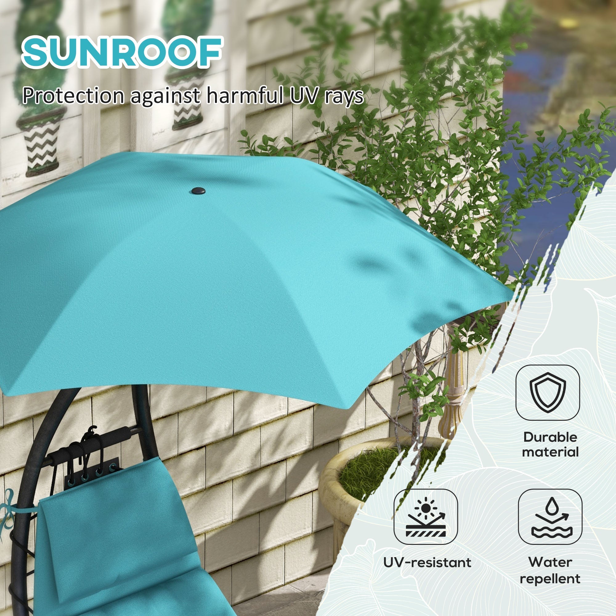 Outsunny Tanning Chair with Sunshade Roof, Rocking Base, Cushion, Headrest, Turquoise 