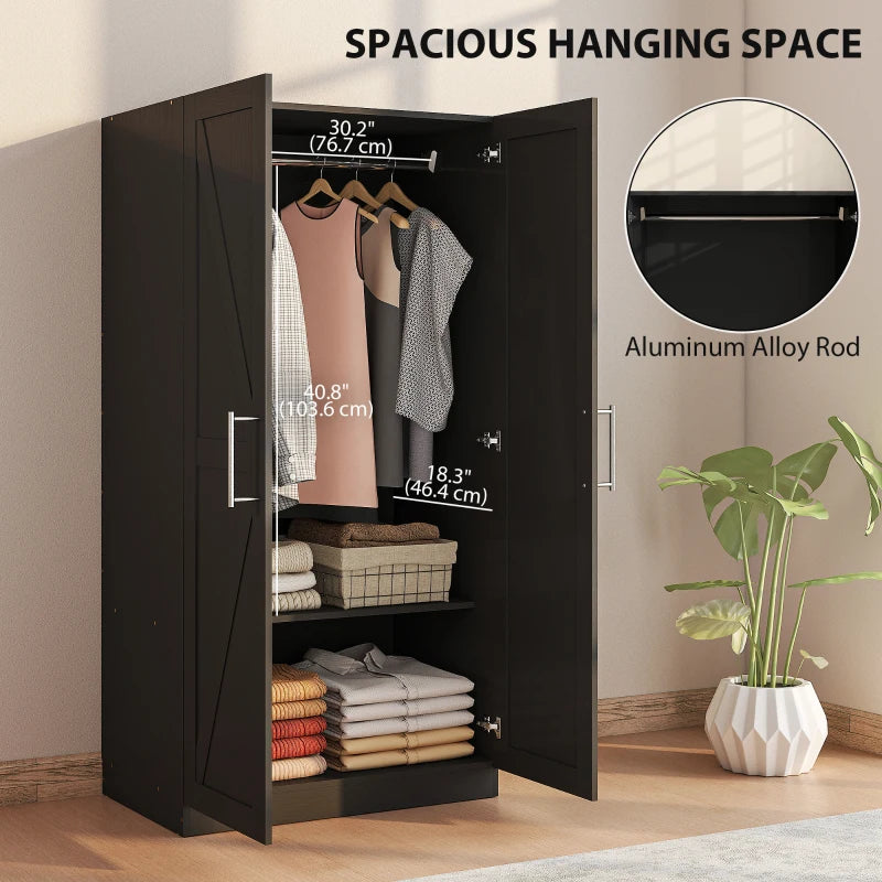Wardrobe Cabinet with 2 Barn Doors and Hanging Rod, Farmhouse Armoire Wardrobe Closet for Bedroom, Black Wood Effect