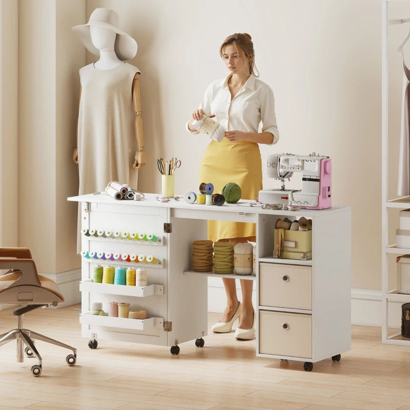 Rolling Sewing Machine Table with Power Outlet, Folding Craft Table with 2 Fabric Drawers, 2 Bins and 18 Pegs, White