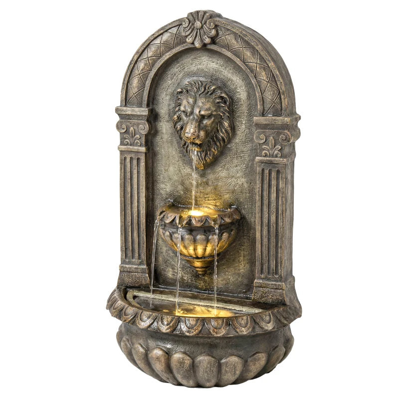 Wall-Mounted 3-Tier Outdoor Fountain, Resin Cascading Waterfall with LED Lights and Adjustable Flow, Rustic Brown