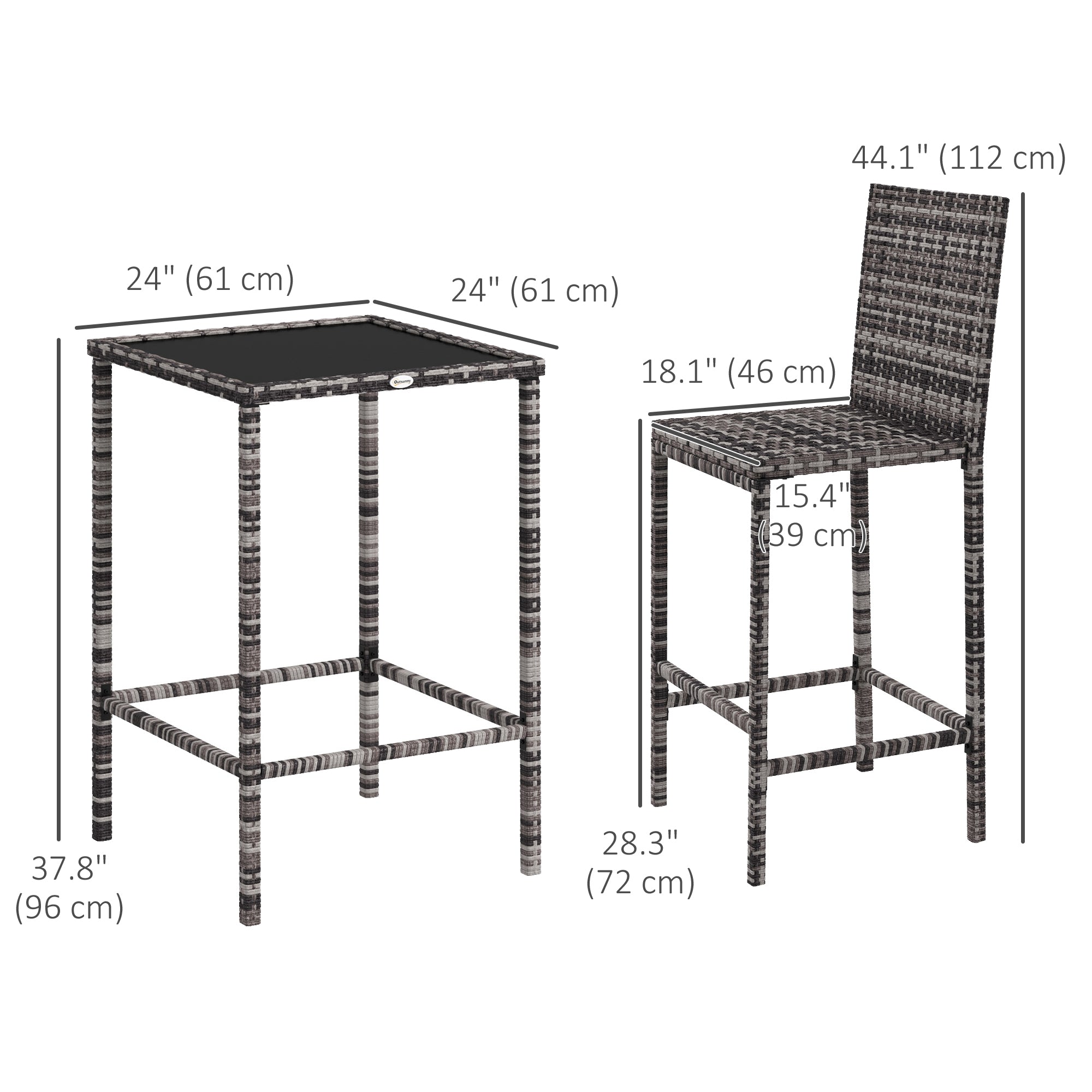 Outsunny 3 Piece Patio Bar Set Wicker Rattan Bistro Set Barstool and Table Patio Backyard Balcony Poolside Grey 