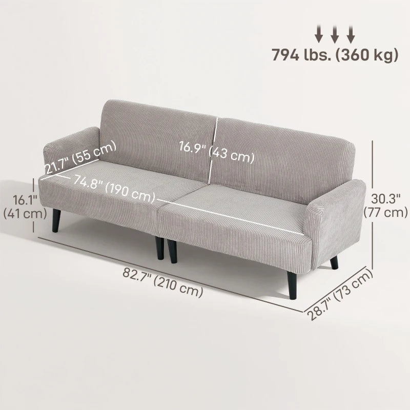 Modern Couch, 3 Seater Sofa, Corduroy Loveseat with Rubberwood Legs and Extra-Wide Seat, Light Grey