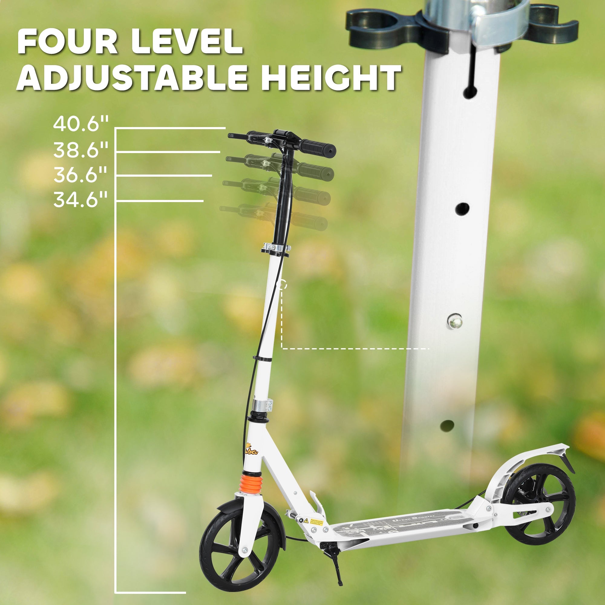 Qaba Foldable Kids Scooter with 4 Adjustable Height, Double Brake, Shock Absorption for Ages 6-12, White 