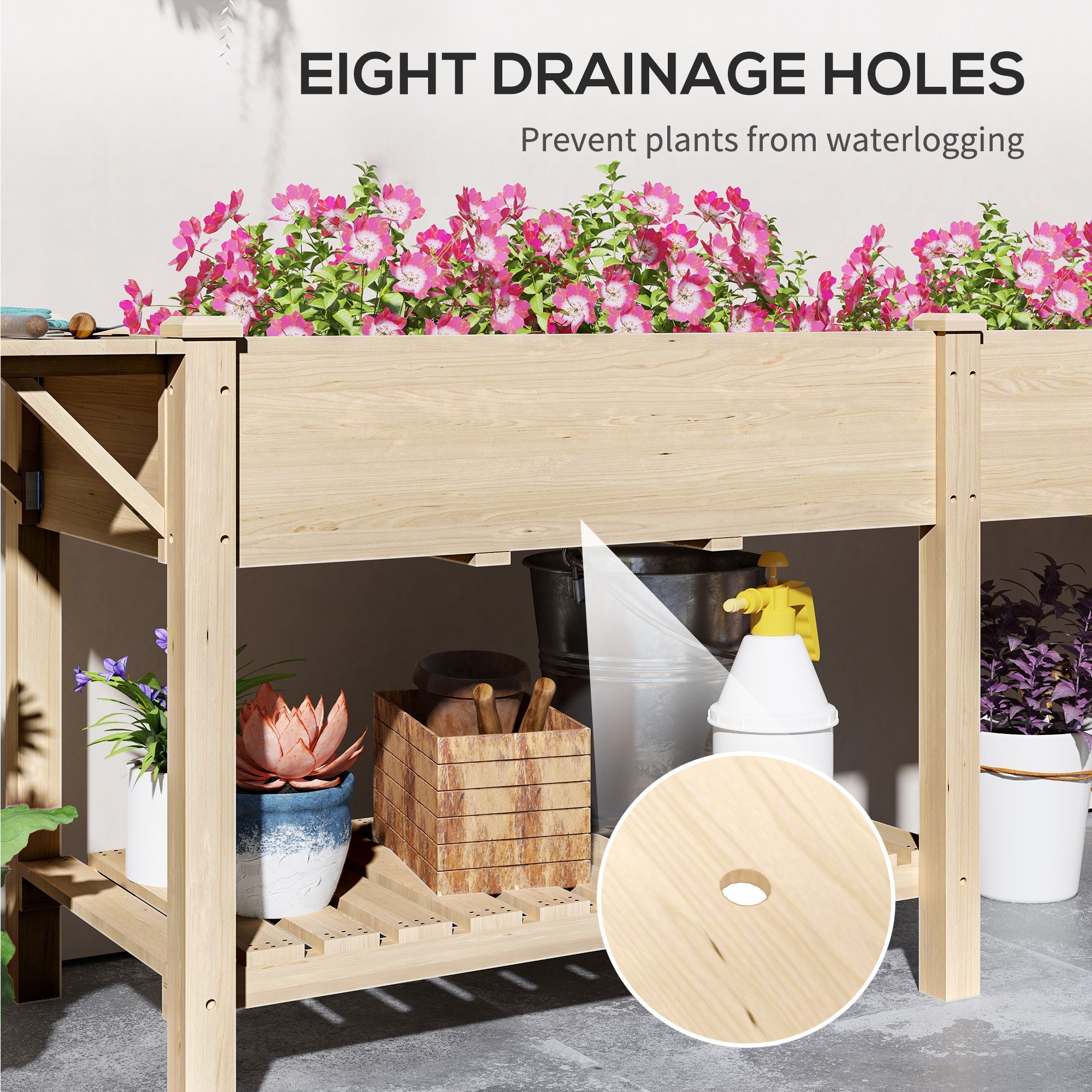 Outsunny Raised Garden Bed, Wood Planter Box with Side Table, Bottom Shelf, Bed Liners and Drainage Holes, Natural 