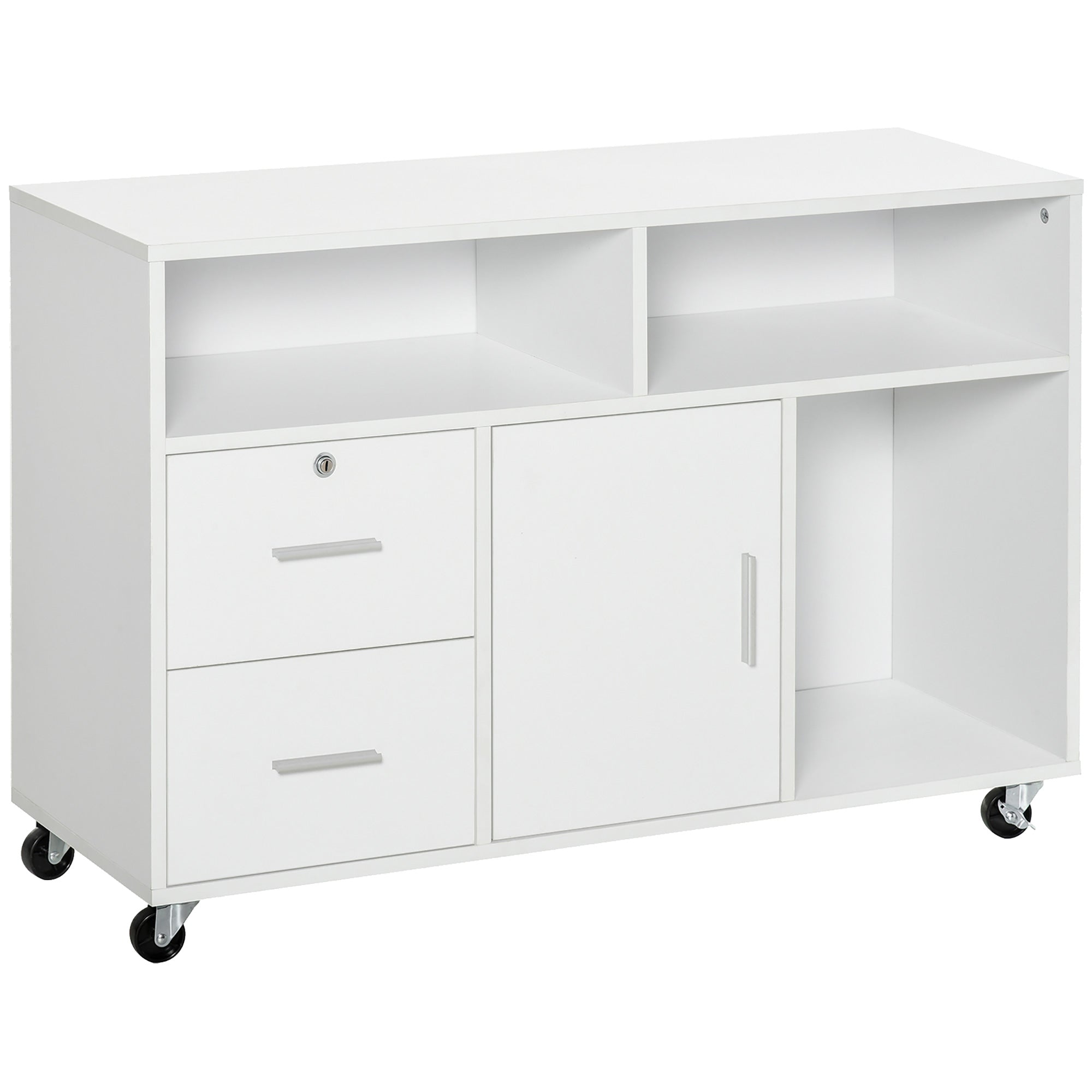 HOMCOM Mobile Printer Stand: File Cabinet with Lockable Drawer & Casters for Home Office, White 