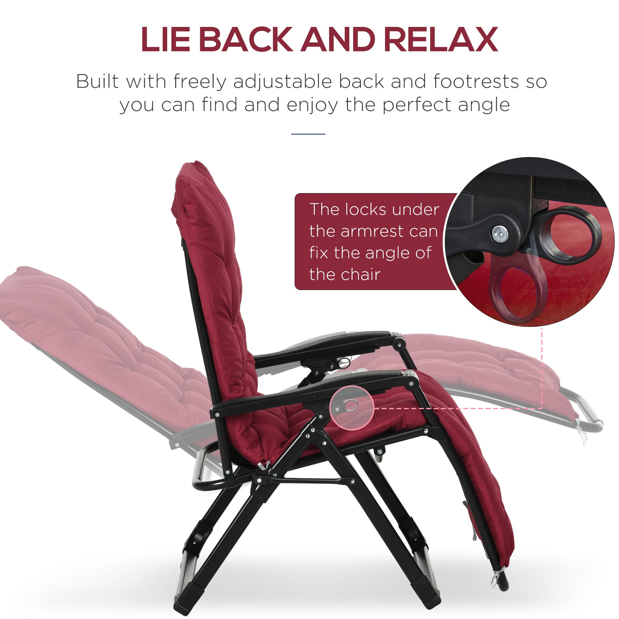 Outsunny Garden Chairs Set of 2 Reclining Zero Gravity Sun Lounger with Cushion Red Durable 