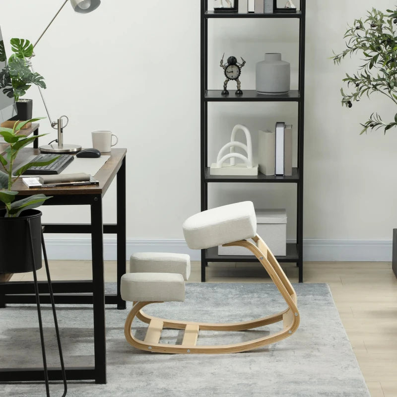 Ergonomic Kneeling Chair, Wood Kneel Stool with Thick Pads, Desk Knee Chair, Improve Posture, Cream White