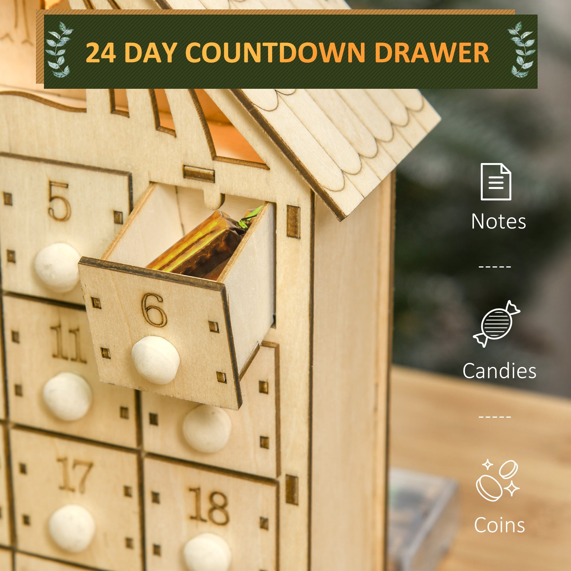 HOMCOM Wooden Lighted Christmas Advent Calendar - 24 Day Xmas Countdown with Drawers for Holiday Table Decoration, Natural 