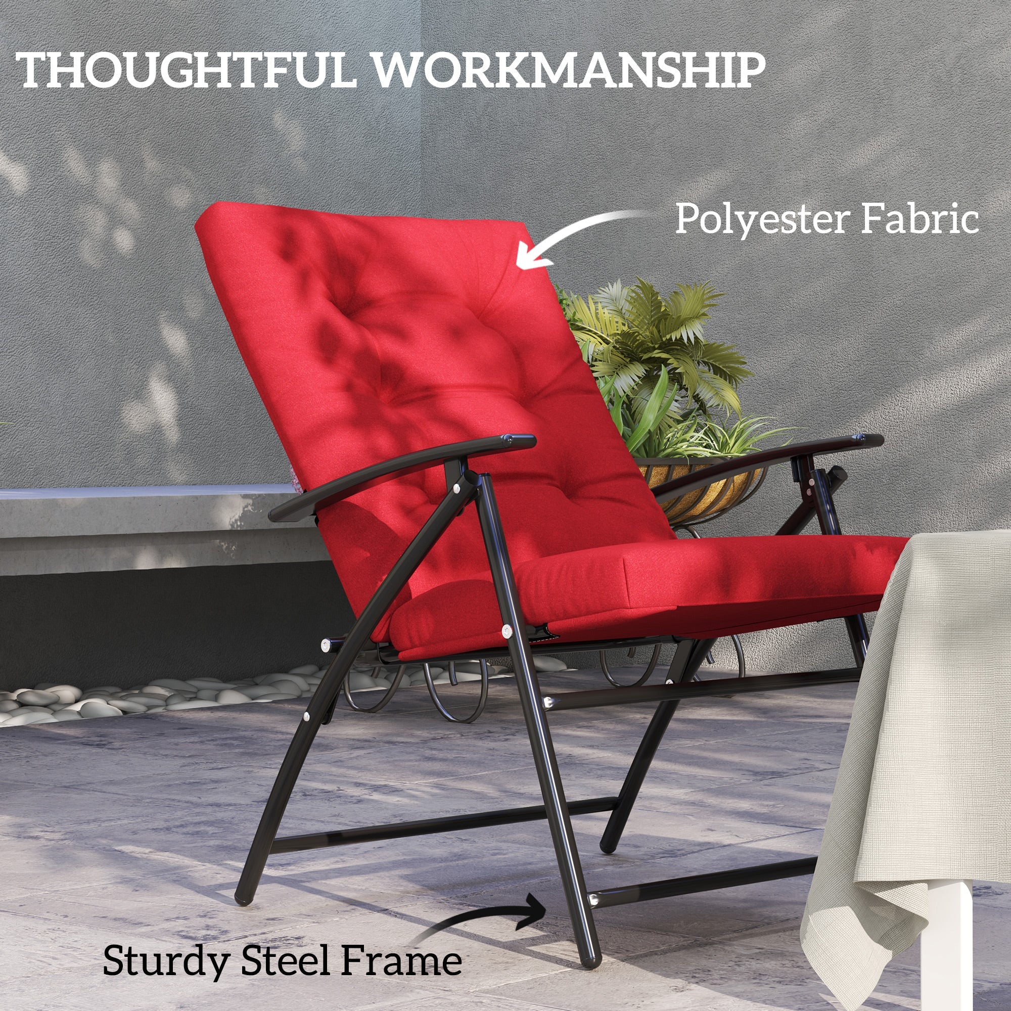 Outsunny Foldable Lounge Chair, Fabric Upholstered Recliner, Outdoor Lounger with Armrest, Metal Frame for Backyard, Red 