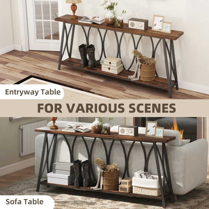 71" Console Table, Industrial 2-Tier Narrow Entryway Table with Metal Frame for Living Room, Hallway, Rustic Brown