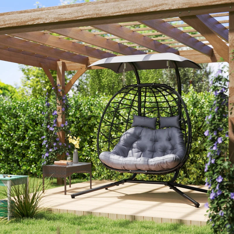 Double Wicker Egg Swing Chair with Canopy, Foldable Hanging Egg Chair with Stand Cushion Headrest, Black