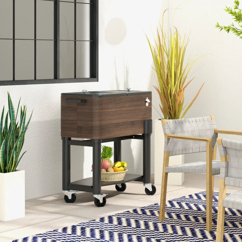 Patio Cooler, 60qt Portable Outdoor Cooler with Locking Wheels, Storage Shelf, Bottle Opener for Patio Backyard, Brown