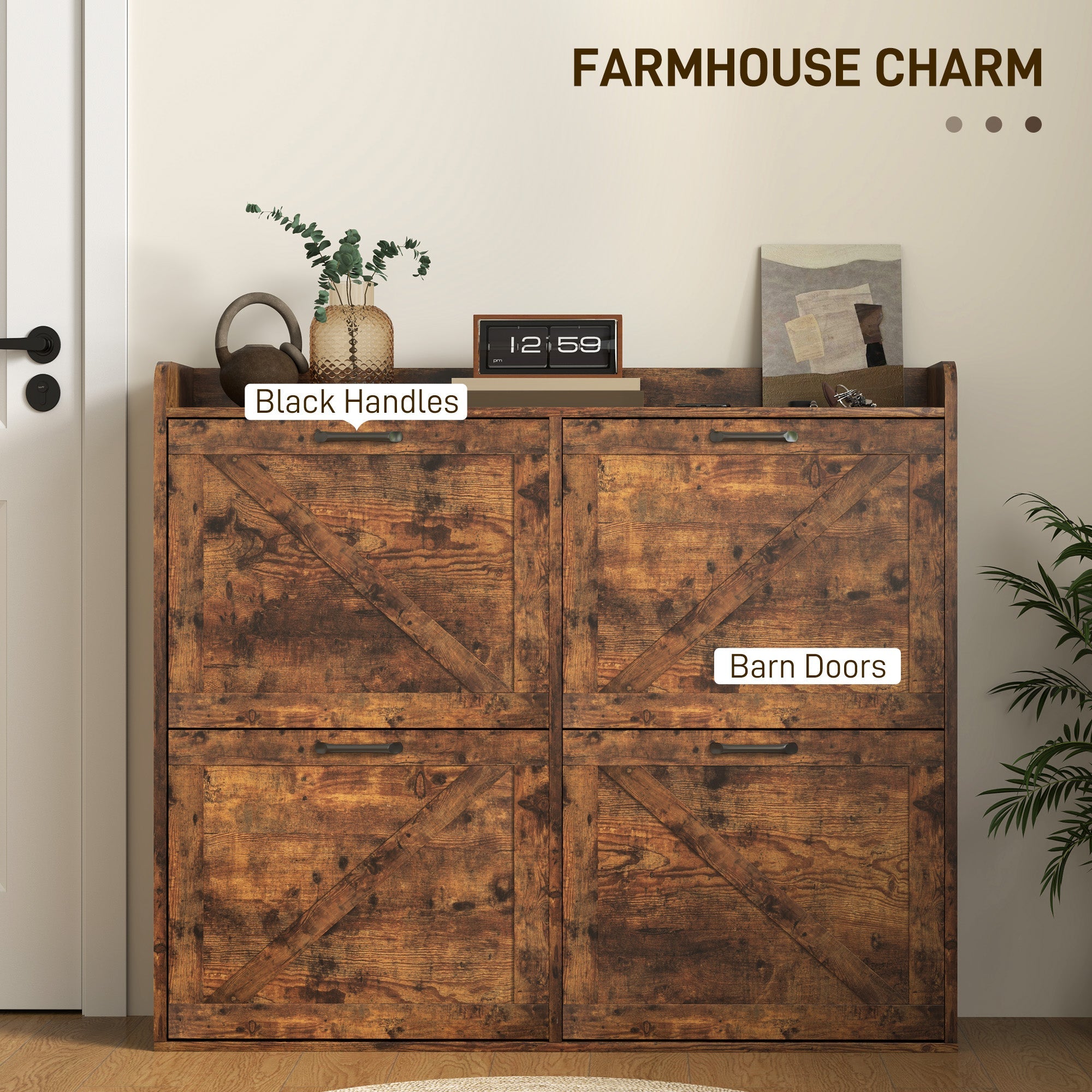 HOMCOM Narrow Shoe Storage Cabinet with 4 Flip Drawers, Adjustable Shelves, 16 Pair Farmhouse Shoe Cabinet, Rustic Brown 