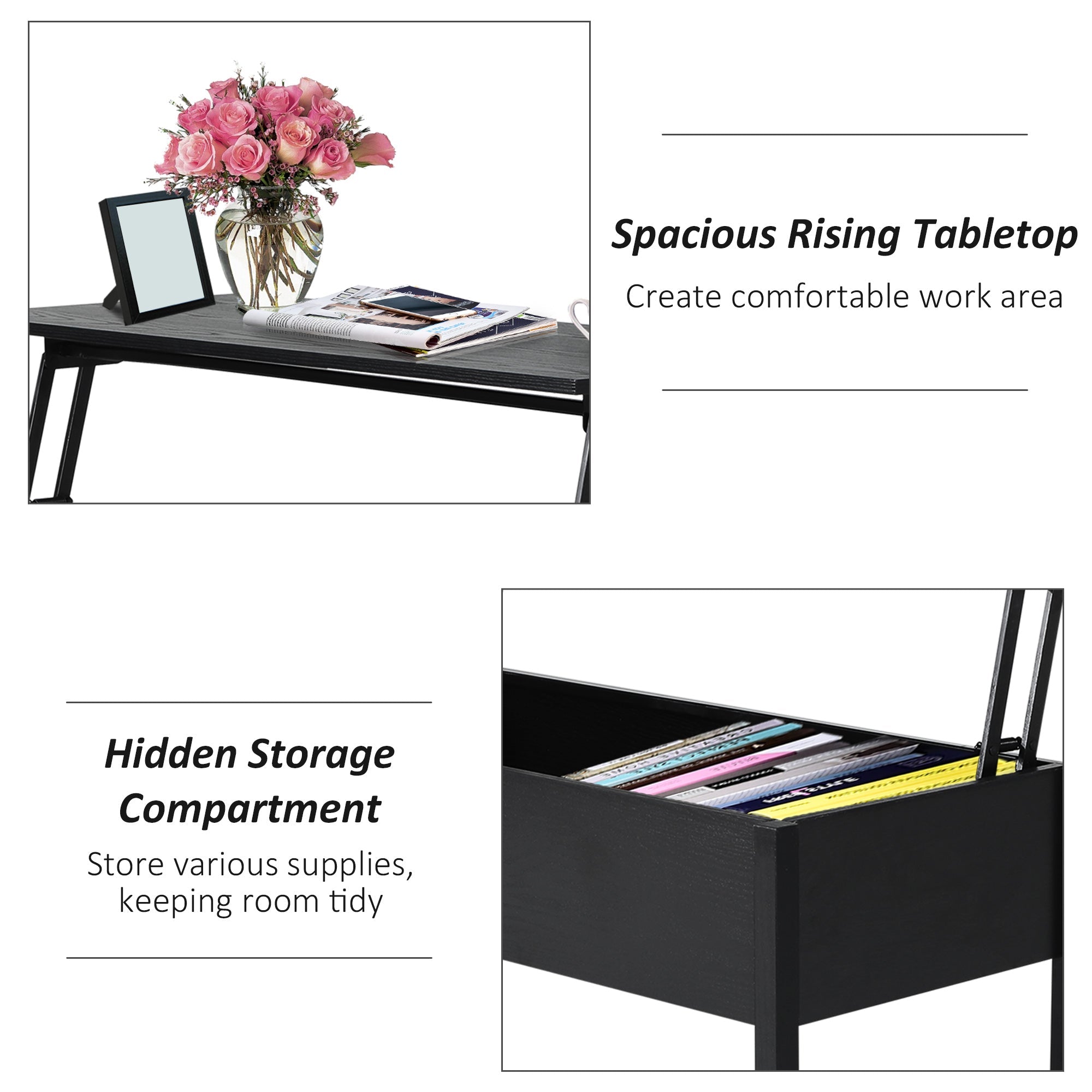 HOMCOM Black 39" Modern Lift Top Coffee Table: Center Table with Hidden Storage Compartment for Living Room 