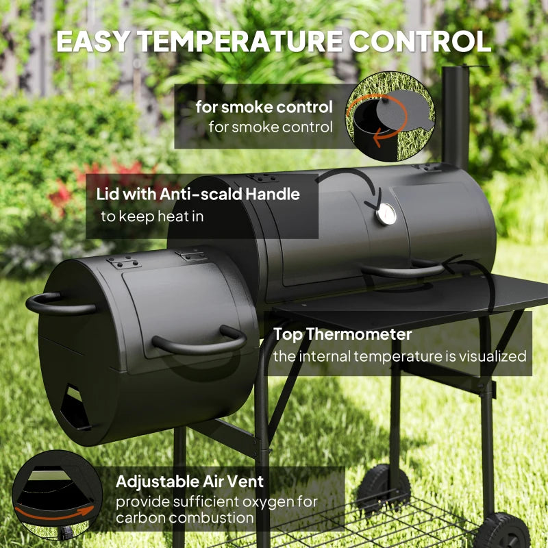 Portable Outdoor Charcoal BBQ Grill with Offset Smoker, Barbecue Grill with Spacious Cooking Area, 2 Shelves, Thermometer, Wheels for Patio Backyard Party, Black