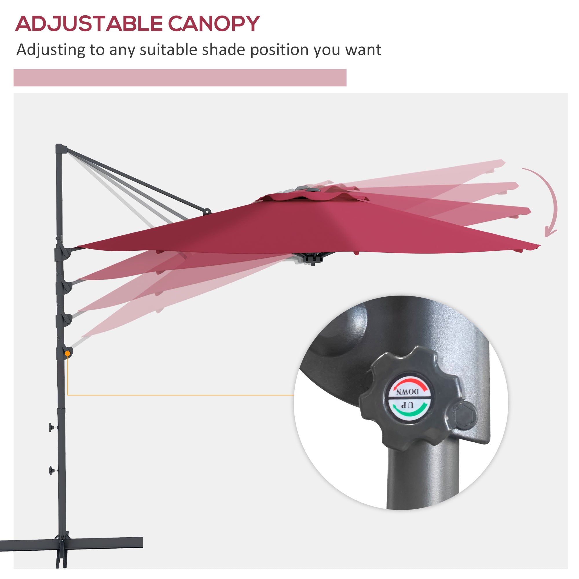 Outsunny Radiant Pavilion: 10FT Aluminum Offset Patio Canopy with 360° Rotation, Crank Tilt Mechanism Outdoor Red 