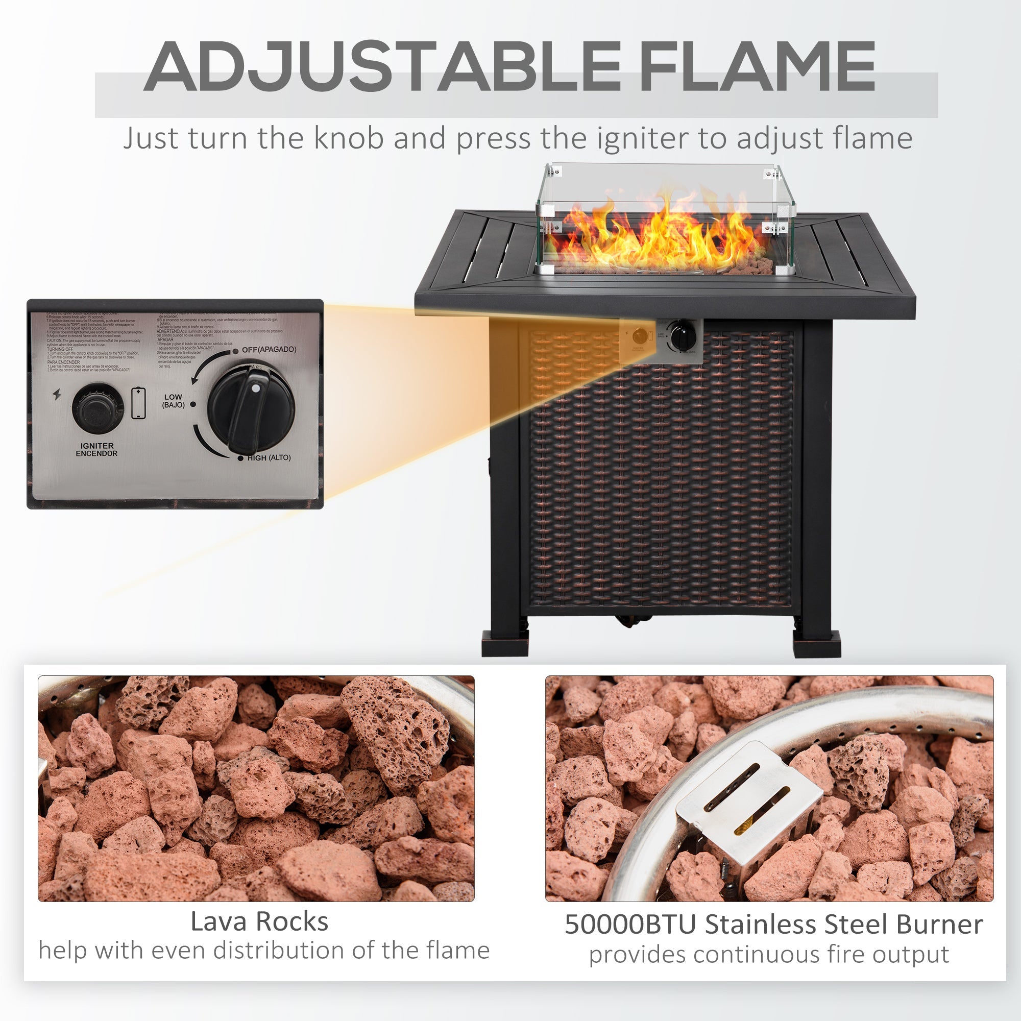 Outsunny 32" Propane Gas Fire Pit Table, 50,000 BTU, CSA Certified, with Wind Guard and Lid, Square Patio Heater - Black 