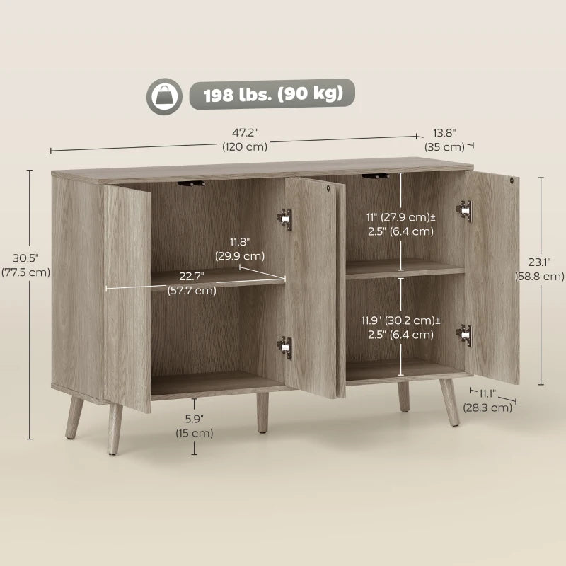 Buffet Cabinet with Storage, Modern Fluted Sideboard with Adjustable Shelves for Dining Room Living Room, Light Grey