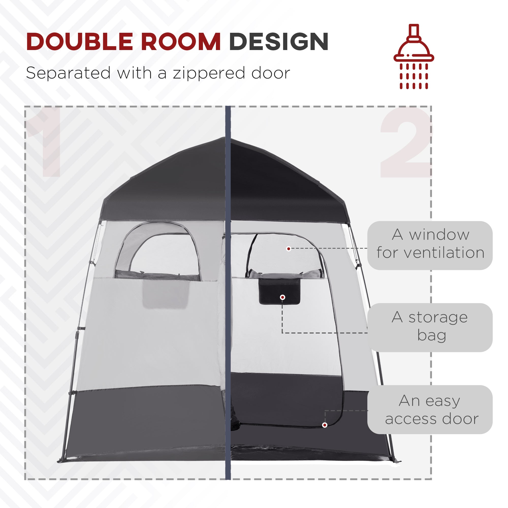 Outsunny Outdoor Portable Pop Up Shower Tent Changing Tent Privacy Enclosure with 2 Rooms, Shower Bag, Floor for Camping, Black 