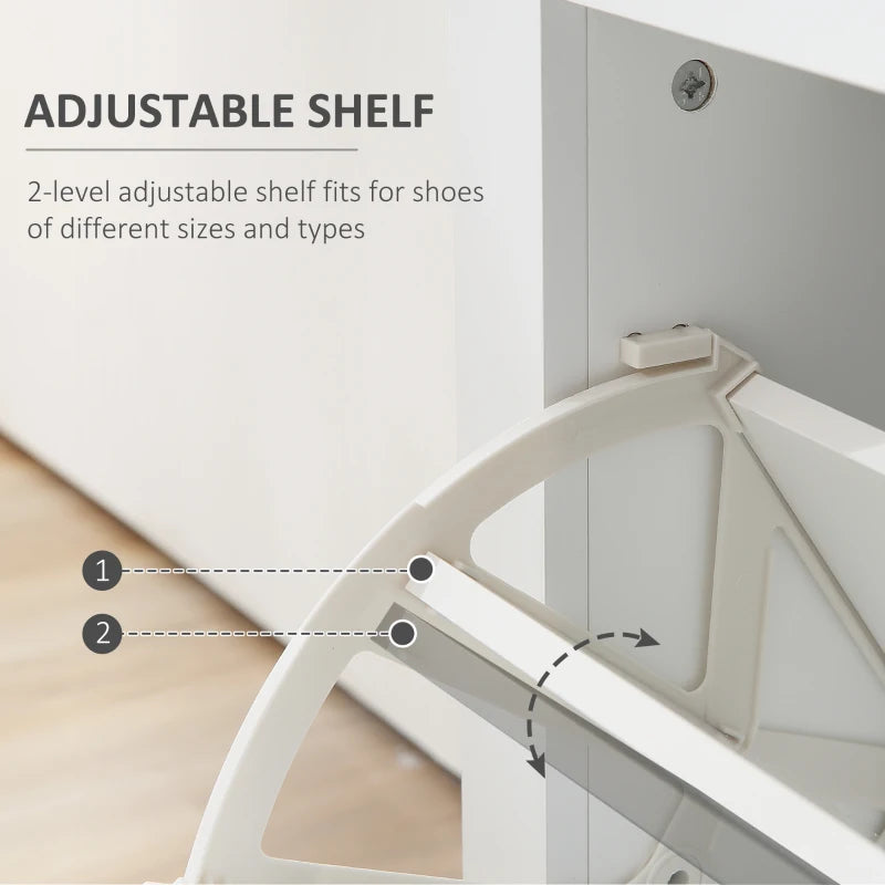 High Gloss Shoe Cabinet with 2 Flip Drawers and Adjustable Shelves, Narrow Shoe Storage Cabinet with Glass Top, White