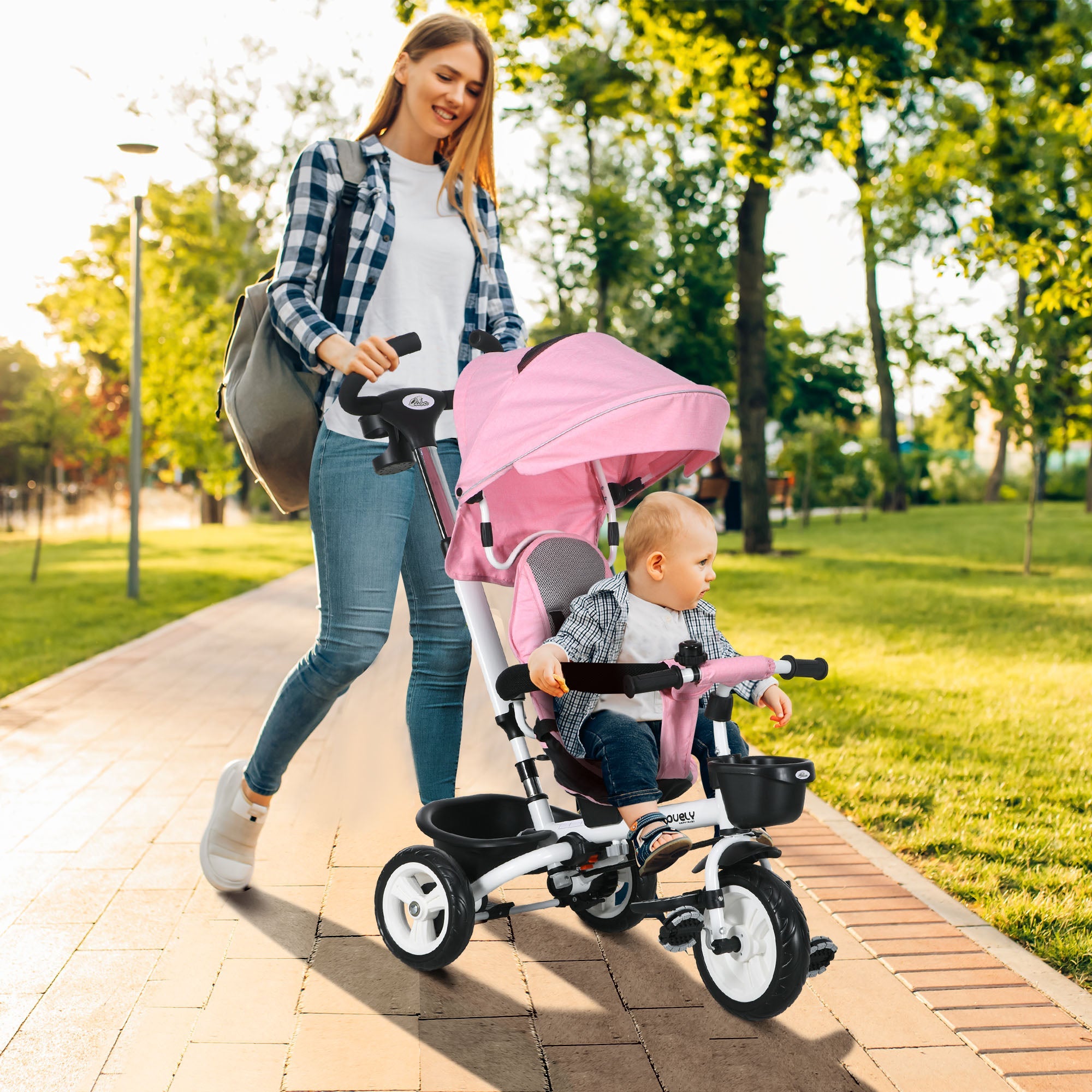 Qaba Pink 6-in-1 Toddler Tricycle with Push Handle, Canopy, Storage, Cupholder - Ideal for Outdoor Fun 