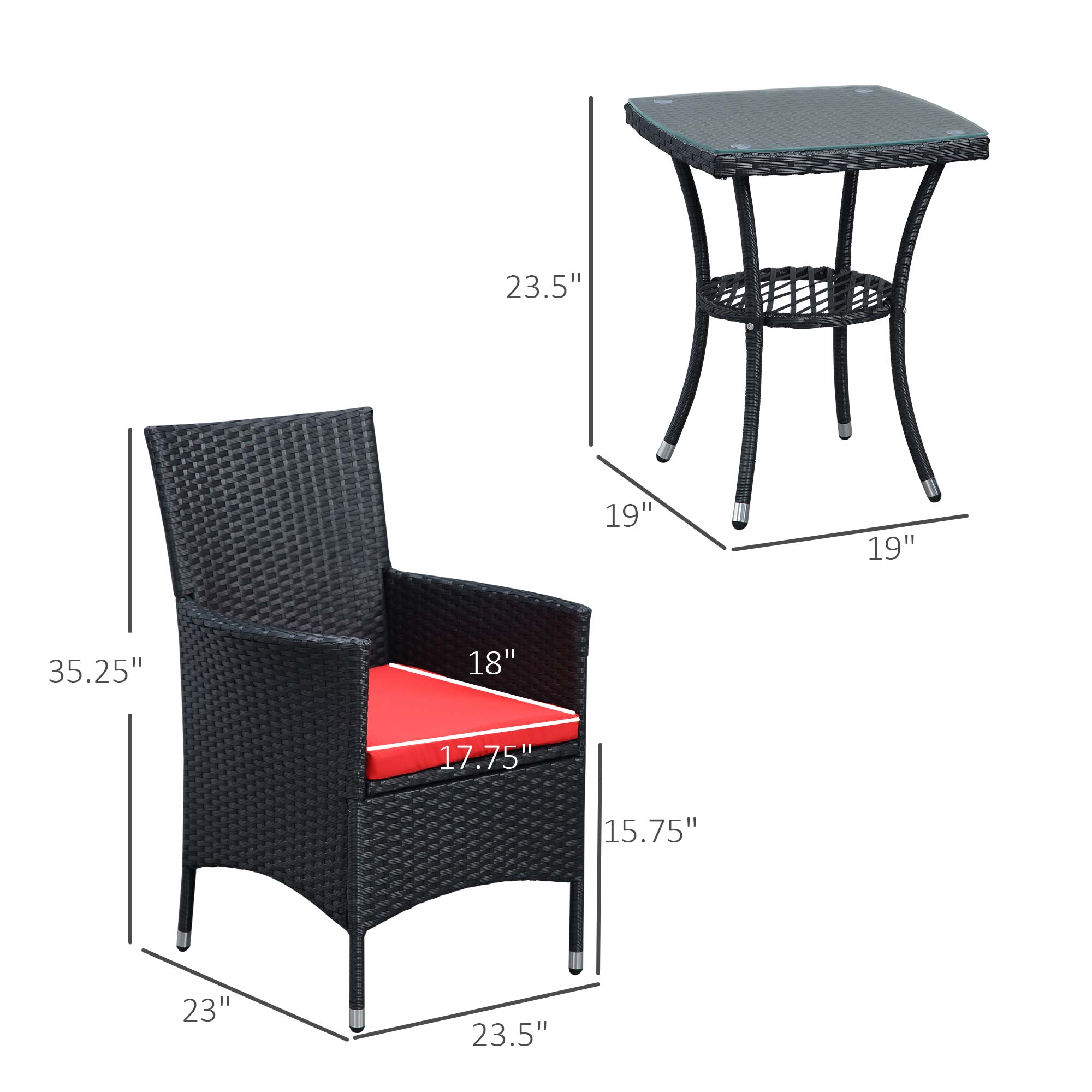 Outsunny 3PC Rattan Bistro Set Outdoor Garden Furniture 2 Armchair Glass Top Coffee Table Wicker Black 