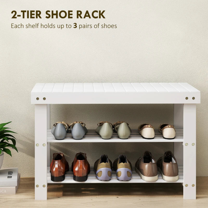 Bamboo Shoe Storage Bench, 3-Tier Entryway Bench with 2 Storage Shelves for Hallway, Holds 6 Pairs, White