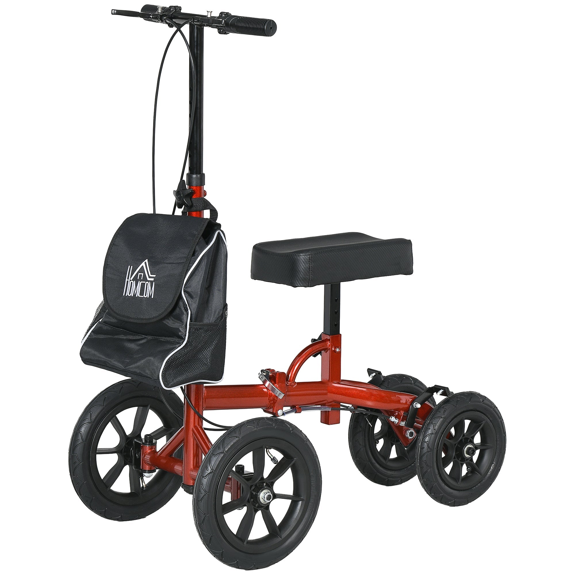 HOMCOM Adjustable Steerable Knee Walker, Foldable Knee Scooter with Rubber Wheels, Dual Brake, Crutch Alternative, Red 
