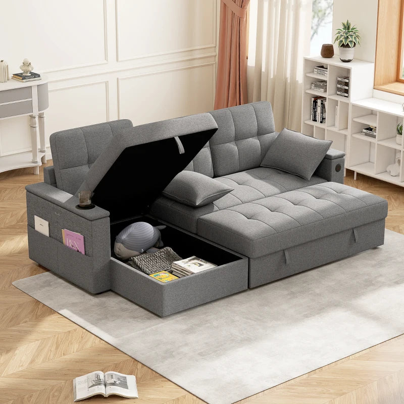 Convertible Sectional Sofa Bed, Pull Out Sleeper Sofa Couch with USB‑A+C, Chaise Storage, L-Shaped Futon Couch, Grey