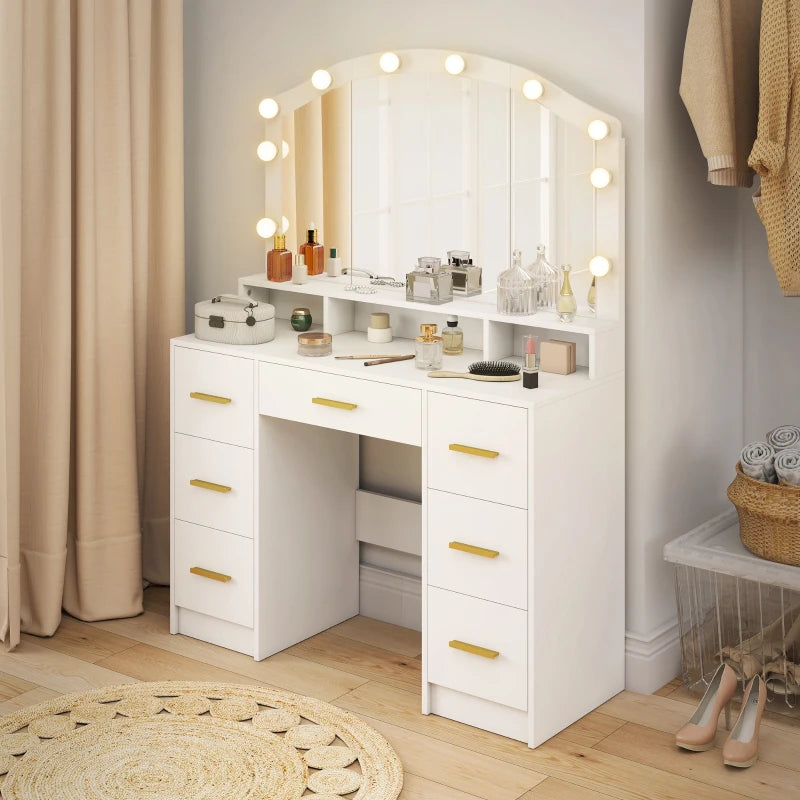 Makeup Vanity with Mirror and 10 LED Lights, 3 Colour Adjustable, Dressing Table with 7 Drawers, 3 Compartments, White