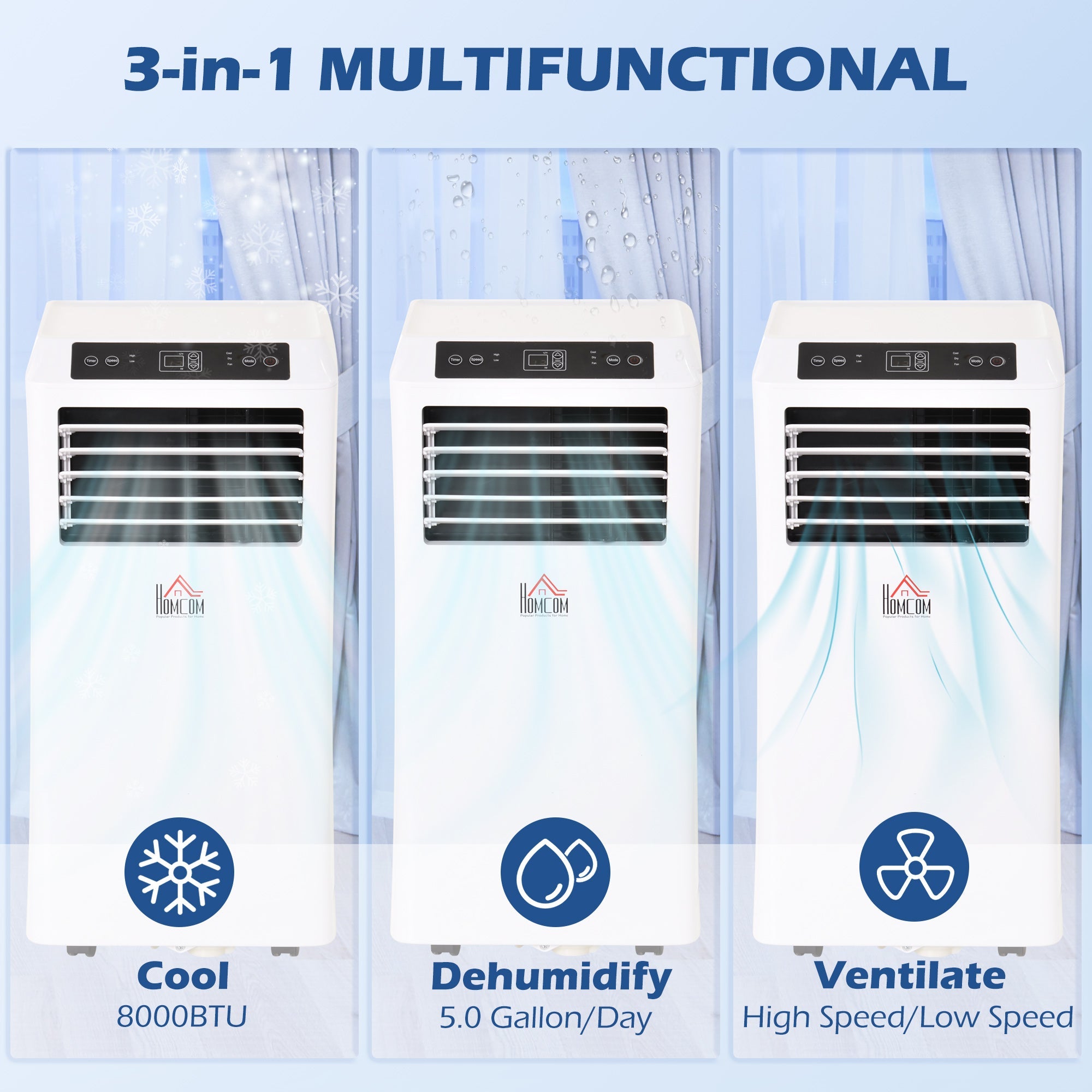 HOMCOM 8000BTU Mobile Portable Air Conditioner with Cooling, Dehumidifier, 2 Speed Fans, 24-Hour Timer for Bedroom, White 