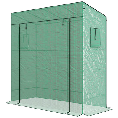 Outsunny Garden Greenhouse Enclave: Walk-In Lean-To with Reinforced PE Cover, Roll-Up Entry Mesh Vents Green 