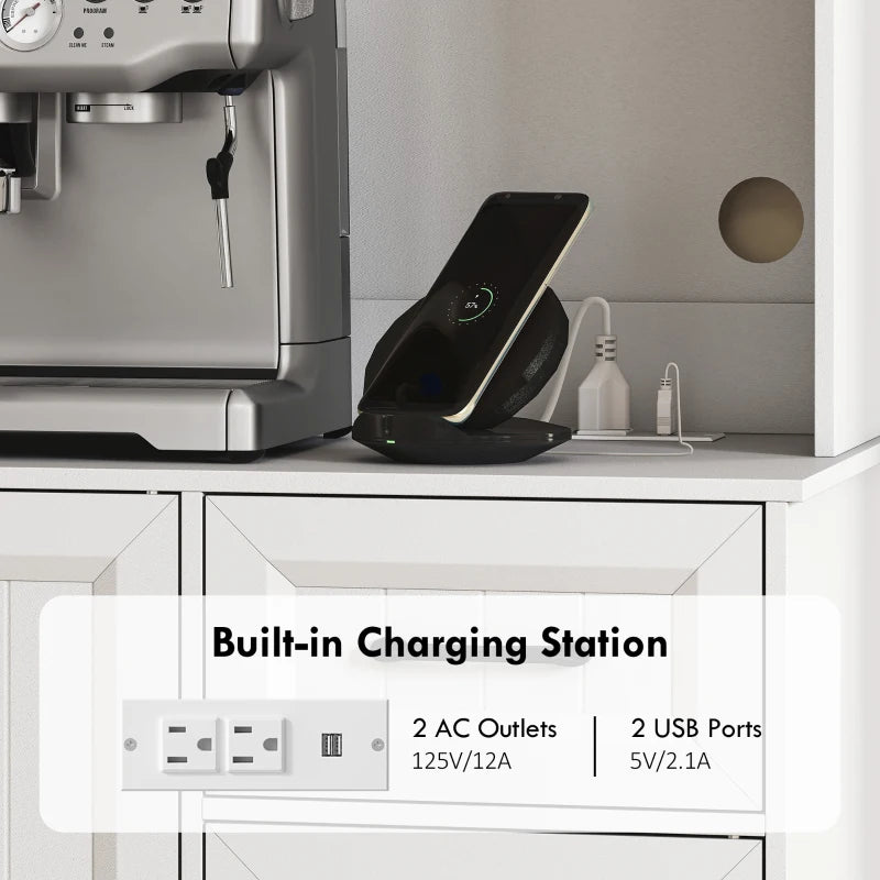 71" Pantry Cabinet with Charging Station, Kitchen Storage Cabinet with Microwave Stand, Adjustable Shelves, White