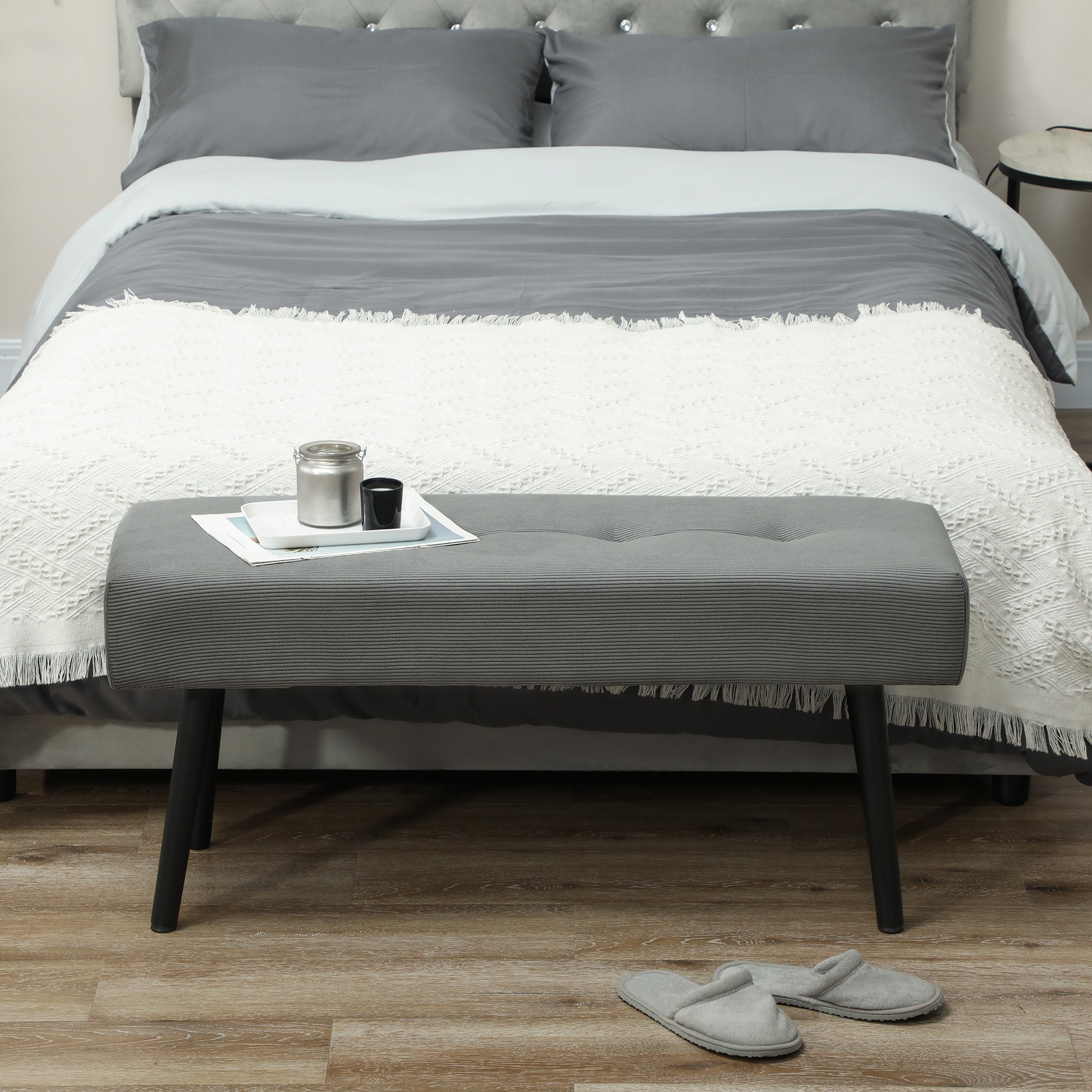 HOMCOM 39" Upholstered Ottoman Bench, Corduroy Entryway Bedroom Bench with Padded Seat and Steel Legs for Bedroom, Grey 