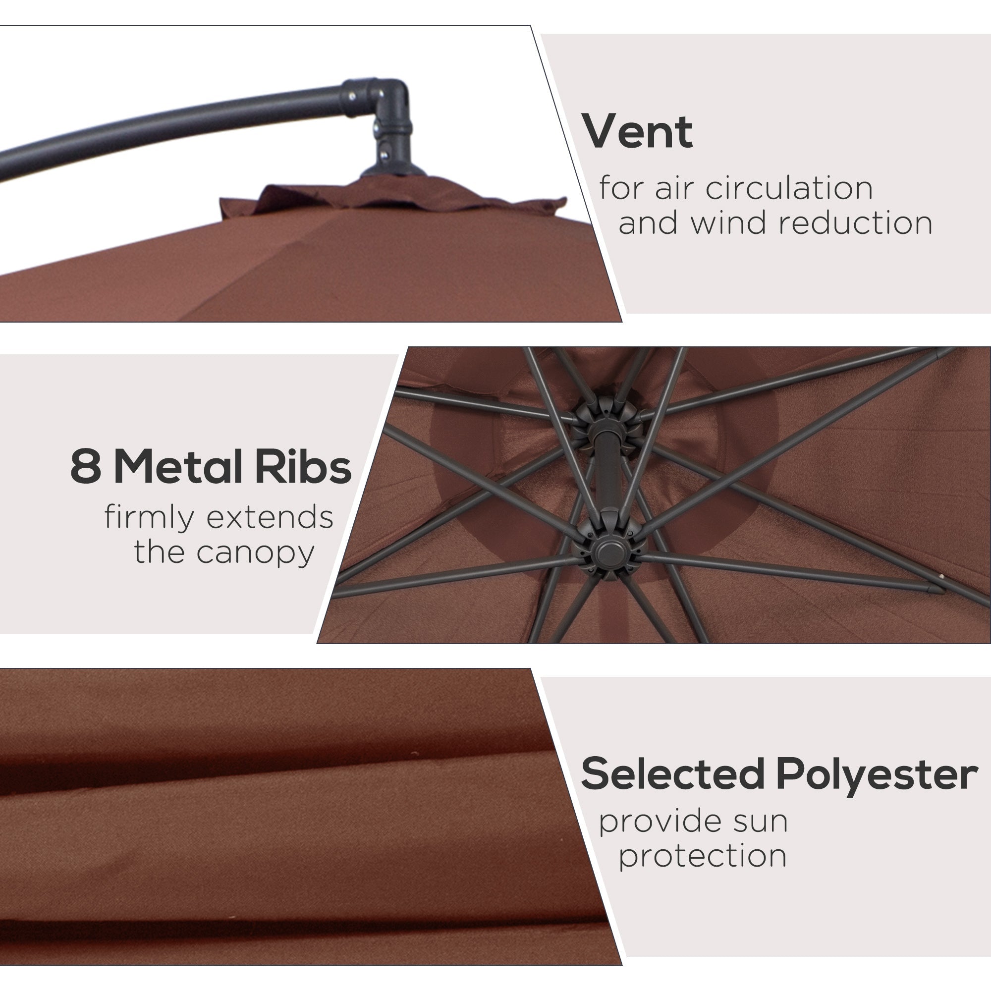 Outsunny Offset Patio Umbrella: Φ10' Deluxe Outdoor Banana Hanging Parasol with Sunshade, Crank & Base, Coffee 