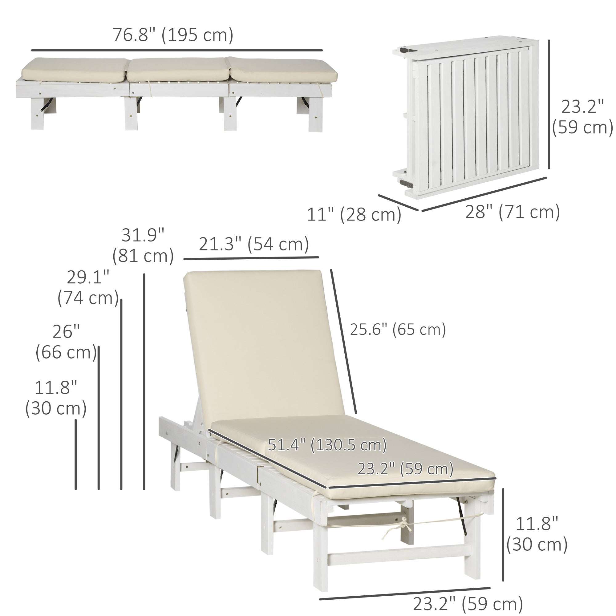 Outsunny Sun Lounger Foldable Wooden Outdoor Garden Chair with 4-Position Adjustable Back and Soft Cushion White 