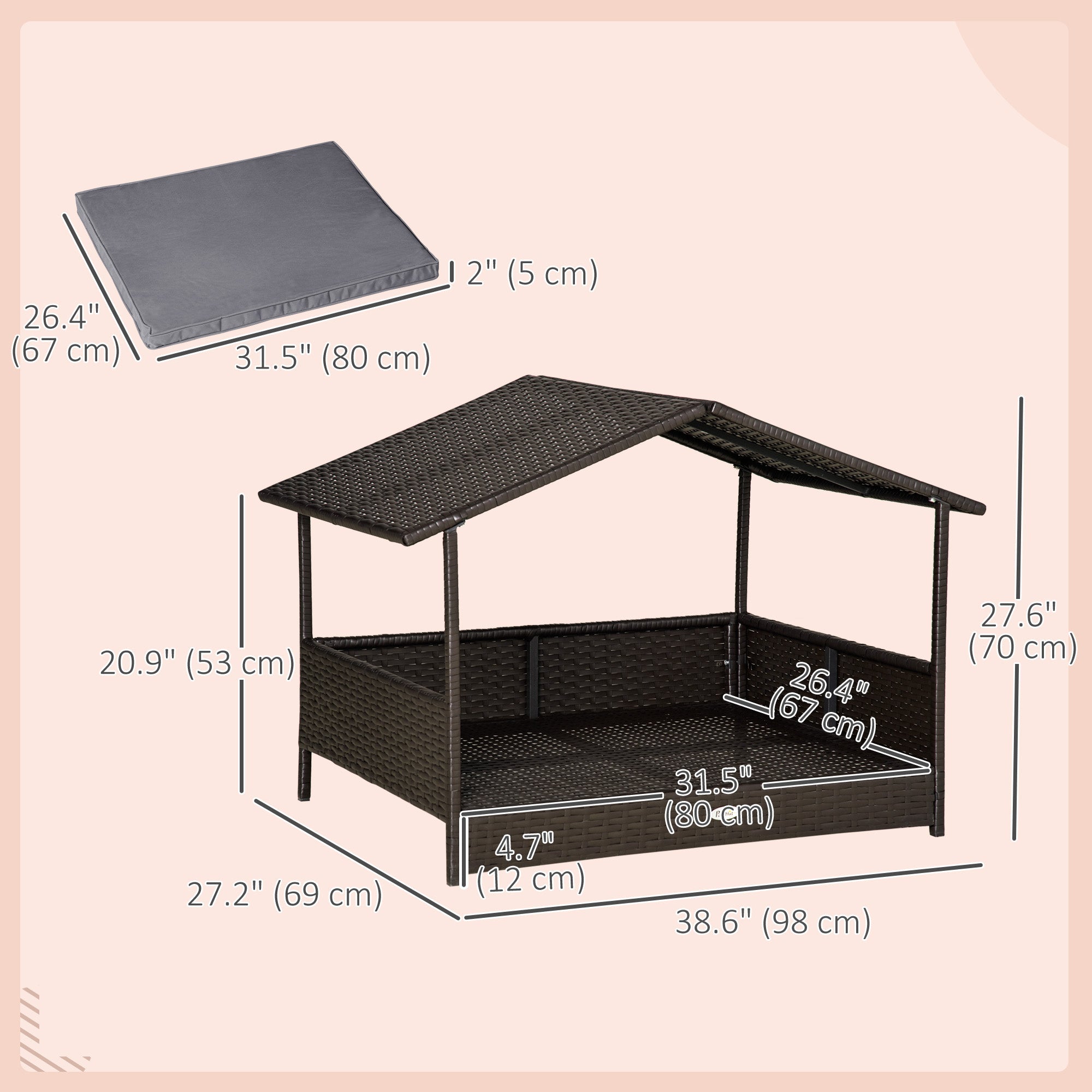 Outsunny PawHut Elevated Rattan Dog Bed Pet Home Indoor Outdoor Wicker Dog Cot Dog House Sofa Bed w/ Padded Cushion Roof Shelter Grey 